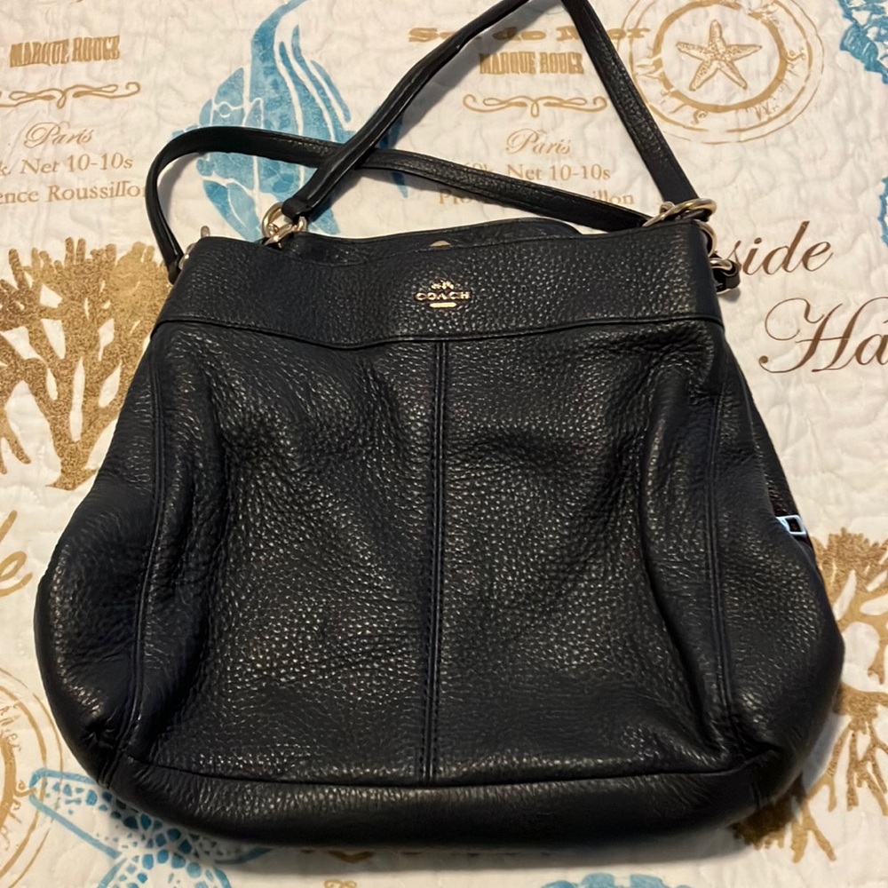 Navy Coach pocketbook, pebble finish. 3 large compartments.